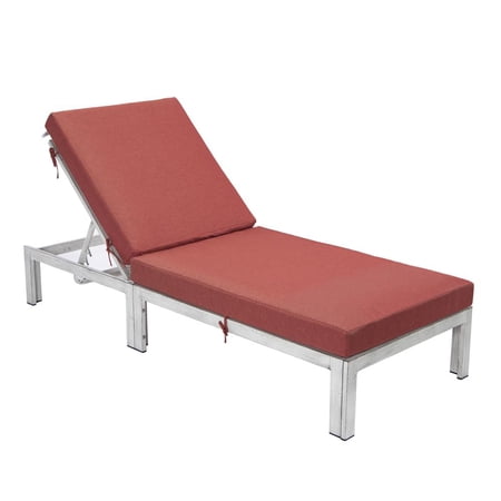 LeisureMod Chelsea Modern Weathered Grey Aluminum Outdoor Chaise Lounge Chair with Red Cushions
