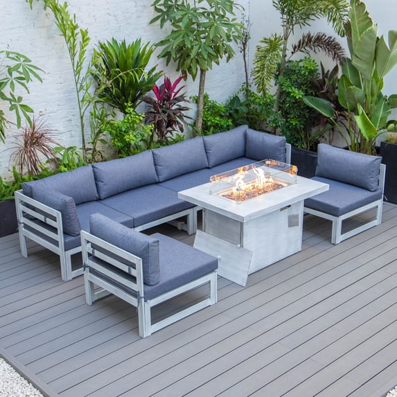 LeisureMod Chelsea Modern 7-Piece Outdoor Patio Conversation Set & 44" Propane Fire Pit Table in Weathered Grey Aluminum with Blue Cushions