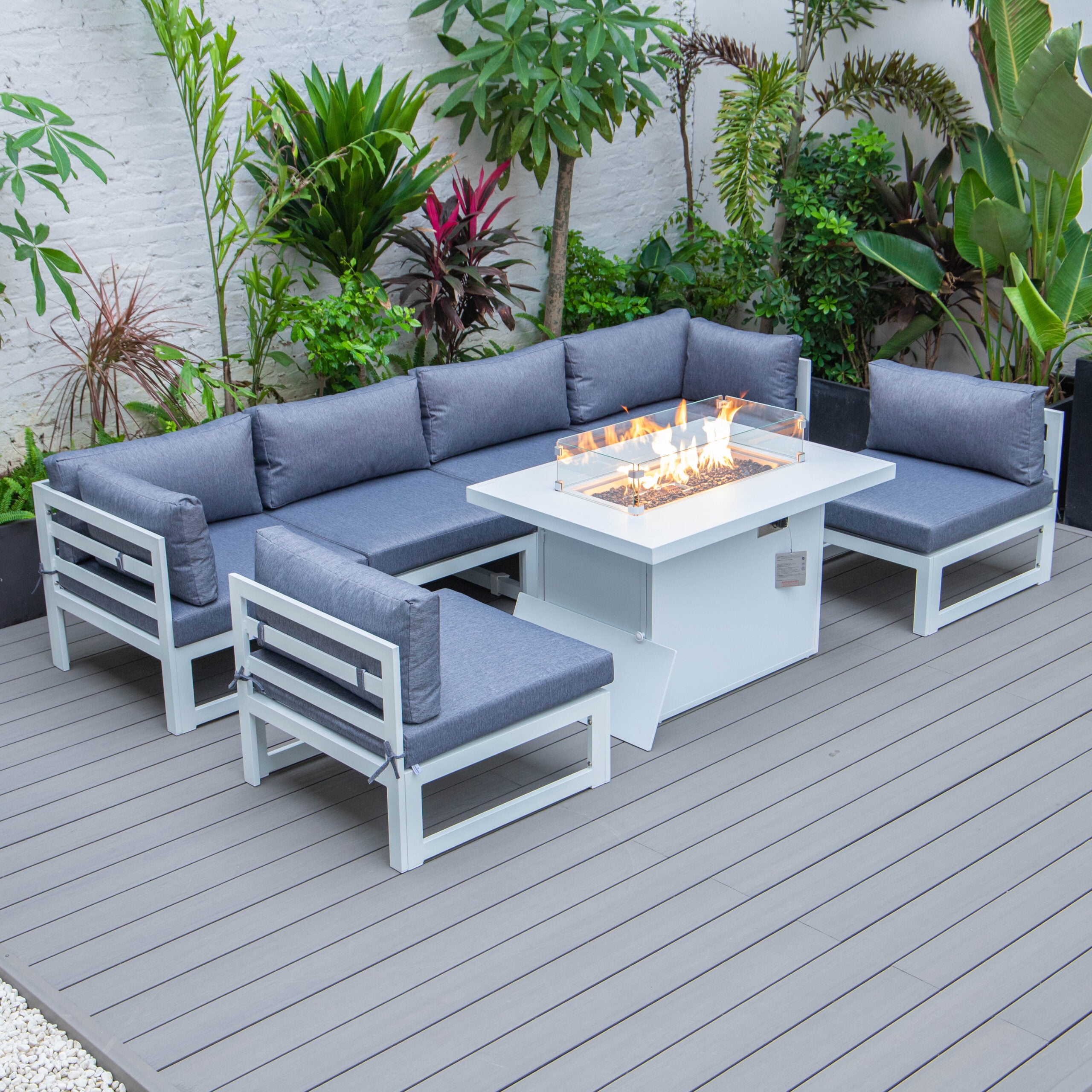 LeisureMod Chelsea Modern 7-Piece Outdoor Patio Conversation Set & 44" Propane Fire Pit Table in White Aluminum with Blue Cushions