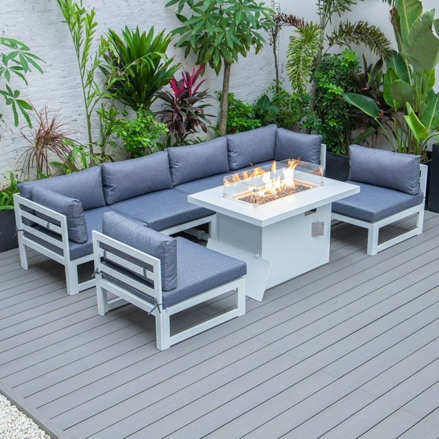 LeisureMod Chelsea Modern 7-Piece Outdoor Patio Conversation Set & 44" Propane Fire Pit Table in White Aluminum with Blue Cushions