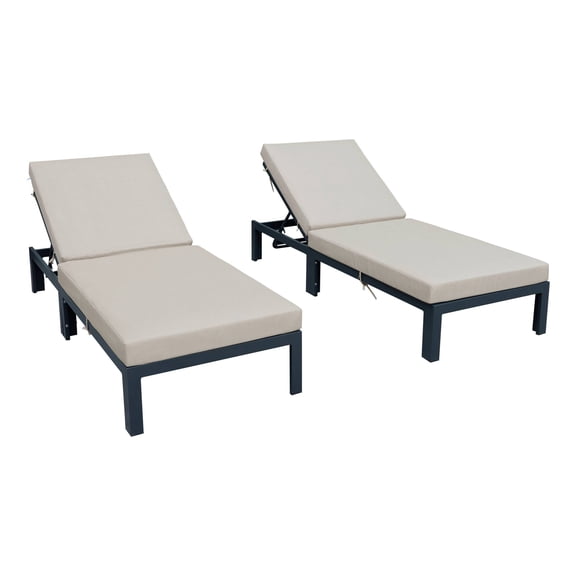 LeisureMod Chelsea Modern Aluminum Outdoor Patio Chasie Lounge Chair Set of 2 With Beige Cushions