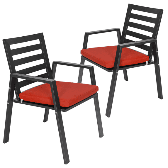LeisureMod Chelsea Modern Patio Dining Armchair in Black Aluminum with Removable Cushions for Patio and Backyard Garden Set 2, Cherry Red