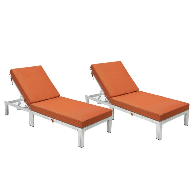 LeisureMod Chelsea Modern Weathered Grey Aluminum Outdoor Patio Chaise Lounge Chair Set of 2 With Orange Cushions
