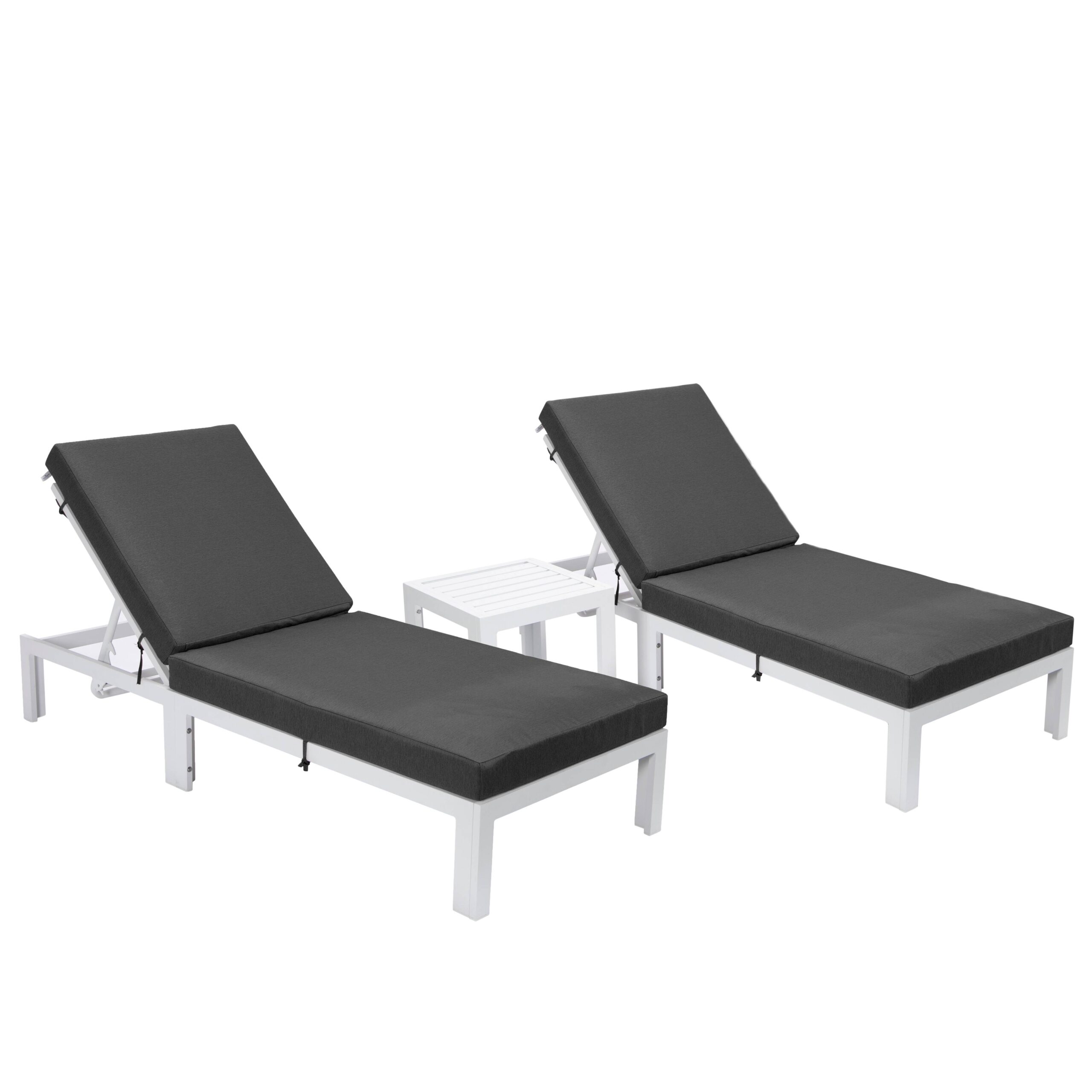 LeisureMod Chelsea Modern White Aluminum Outdoor Chaise Lounge Chair Set of 2 With Side Table & Black Cushions - image 1 of 12