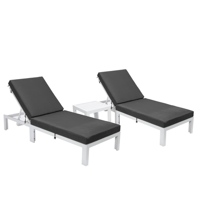 LeisureMod Chelsea Modern White Aluminum Outdoor Chaise Lounge Chair Set of 2 With Side Table & Black Cushions