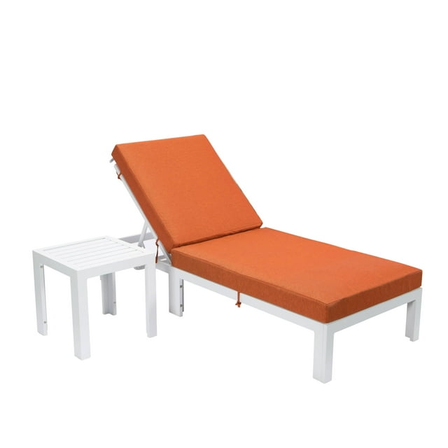 LeisureMod Chelsea Modern White Aluminum Outdoor Chaise Lounge Chair With Side Table & Orange Cushions