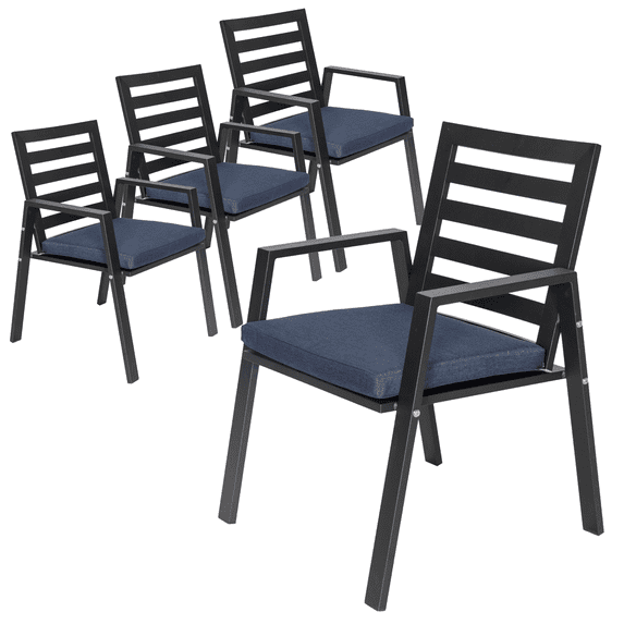 LeisureMod Chelsea Modern Patio Dining Armchair in Black Aluminum with Removable Cushions for Patio and Backyard Garden Set of 4, Charcoal Blue