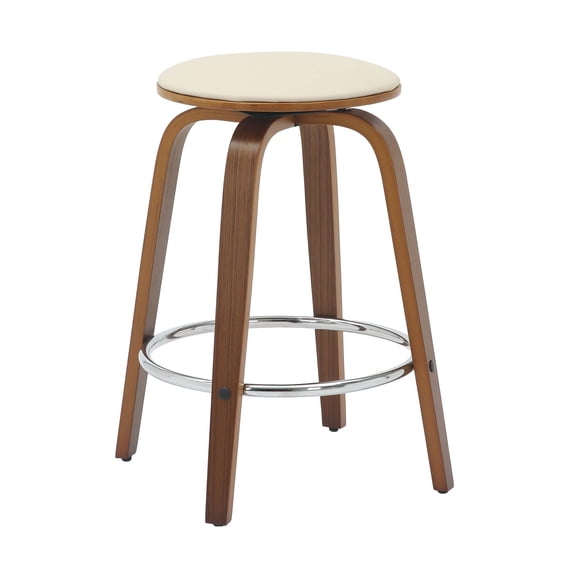 LeisureMod Counter Stool Upholstered in Leather with Stained Poplar Wood Frame and Chrome Iron Footrest with 360-Degree Swivel for Modern Home, Kitchen, Bars, Cafes Pelya Collection in Light Taupe