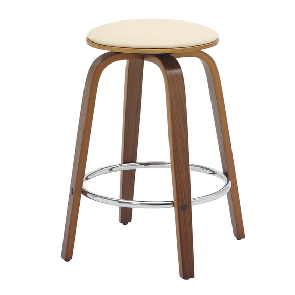 LeisureMod Counter Stool Upholstered in Leather with Stained Poplar Wood Frame and Chrome Iron Footrest with 360-Degree Swivel for Modern Home, Kitchen, Bars, Cafes Pelya Collection in Cream