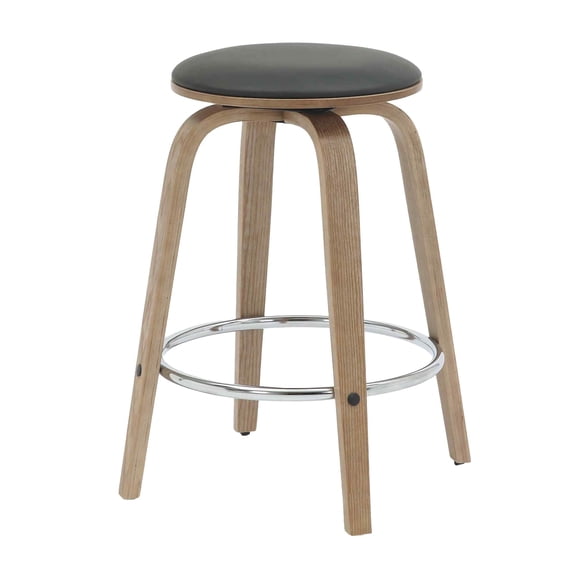 LeisureMod Counter Stool Upholstered in Leather with Stained Poplar Wood Frame and Chrome Iron Footrest with 360-Degree Swivel for Modern Home, Kitchen, Bars, Cafes Pelya Collection in Black