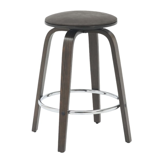 LeisureMod Counter Stool Upholstered in Leather with Stained Poplar Wood Frame and Chrome Iron Footrest with 360-Degree Swivel for Modern Home, Kitchen, Bars, Cafes Pelya Collection in Brown