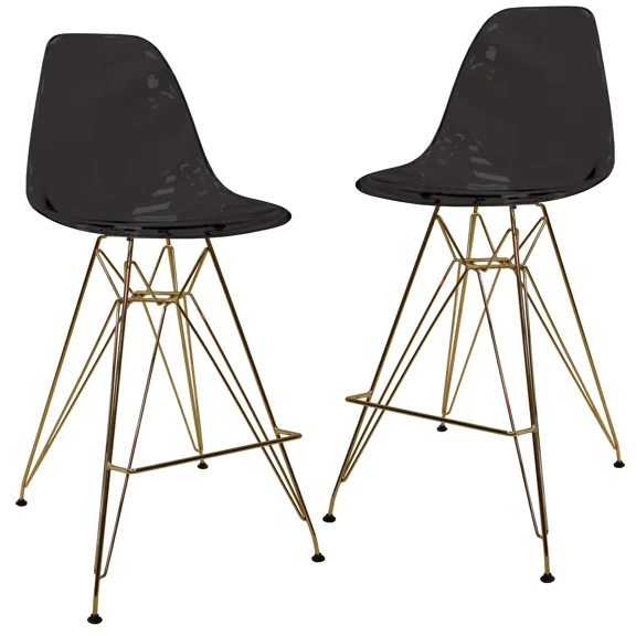 LeisureMod Cresco Modern Acrylic Bar Stool with Gold Chrome Steel Base and Footrest – Counter Height Chair for Kitchen Island, Breakfast Bar, or Dining Area Set of 2