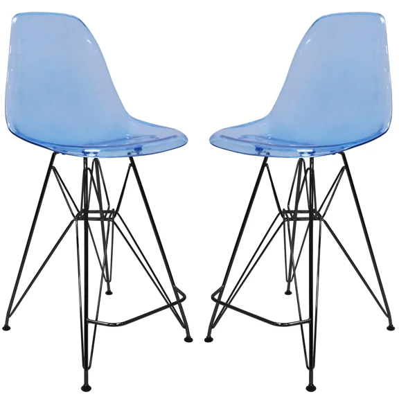 LeisureMod Cresco Modern Acrylic Barstool with Black Steel Frame and Footrest – Durable Lightweight Counter Stool for Kitchen Island, Home Bar, or Dining Area Set of 2