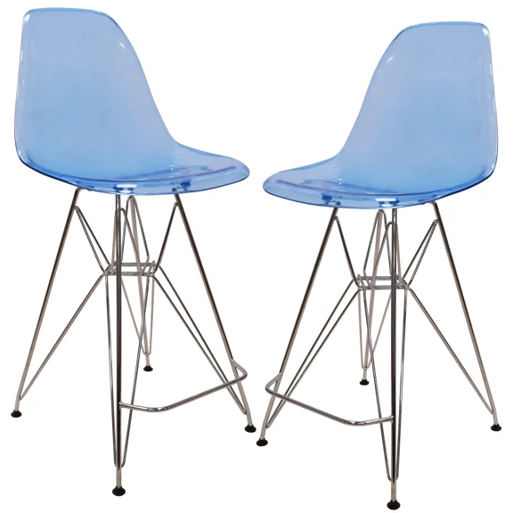 LeisureMod Cresco Modern Acrylic Barstool with Steel Frame and Footrest – Durable Lightweight Counter Stool for Kitchen Island, Home Bar, or Dining Area Set of 2