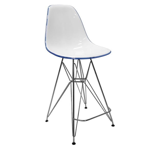 LeisureMod Cresco Modern Acrylic Barstool with Chrome Base and Footrest for Kitchen and Dining Room (White/Blue)