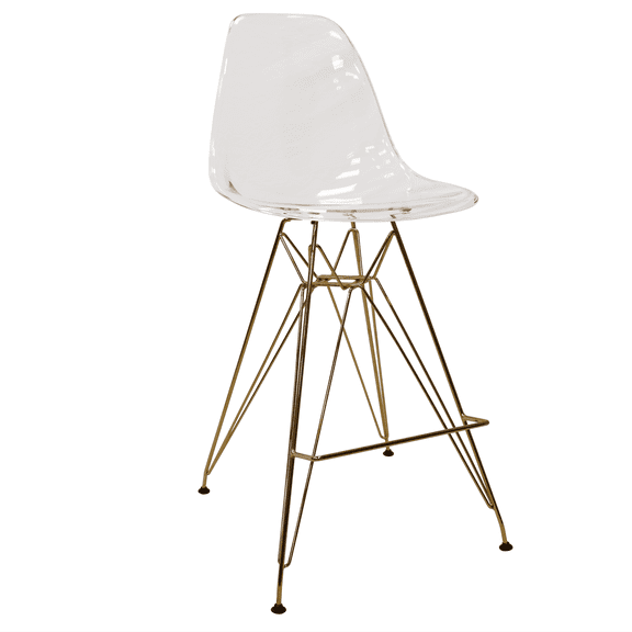 LeisureMod Cresco Modern Acrylic Counter Height Barstool - Gold Chrome Base, Comfortable Kitchen or Dining Stool, Durable Design