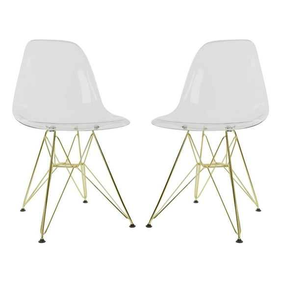 LeisureMod Cresco Molded Eiffel Side Chair with Gold Base - Set of 2-Color:Clear