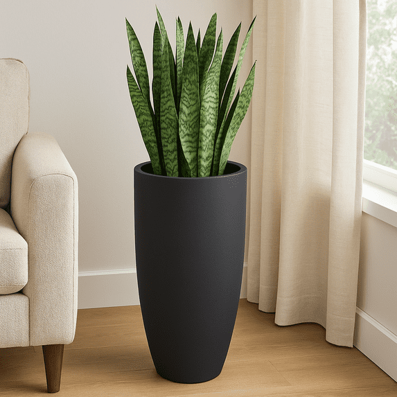 Leisuremod Crete Series Poly Stone Planter in Black 13.4 Dia, 23.6 High