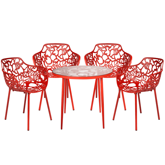 LeisureMod Devon Mid-Century Modern 5-Piece Aluminum Outdoor Patio Dining Set with Tempered Glass Top Table and 4 Stackable Flower Design Arm Chairs for Patio, Poolside, Balcony, and Backyard Garden