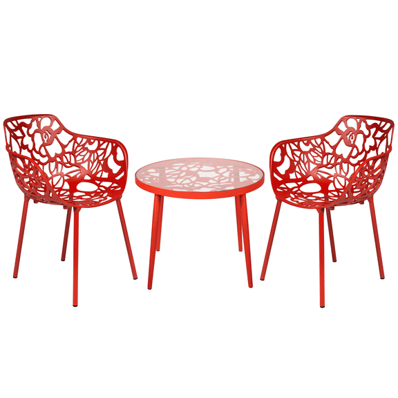LeisureMod Devon Mid-Century Modern 3-Piece Aluminum Outdoor Patio Dining Set with Dining Table with Tempered Glass Top and 2 Stackable Flower Design Arm Chairs for Patio, and Backyard Garden Red