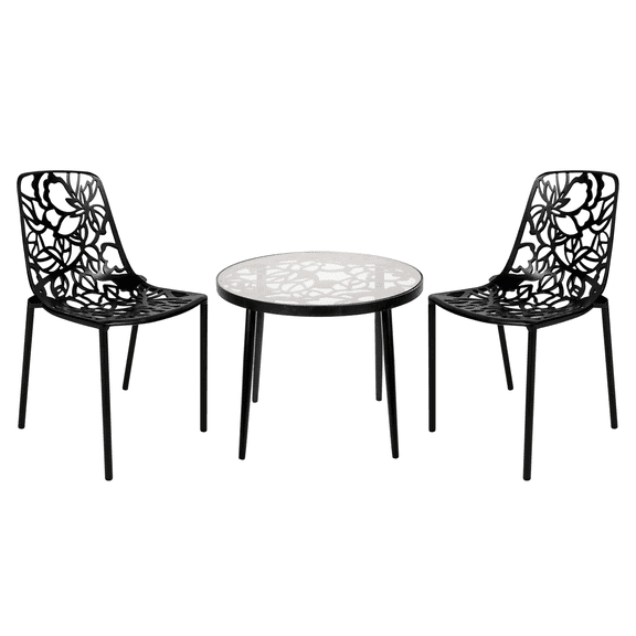 LeisureMod Devon Mid-Century Modern 3-Piece Aluminum Outdoor Patio Dining Set with Dining Table with Tempered Glass Top and 2 Stackable Flower Design Chairs for Patio, and Backyard Garden (Black)