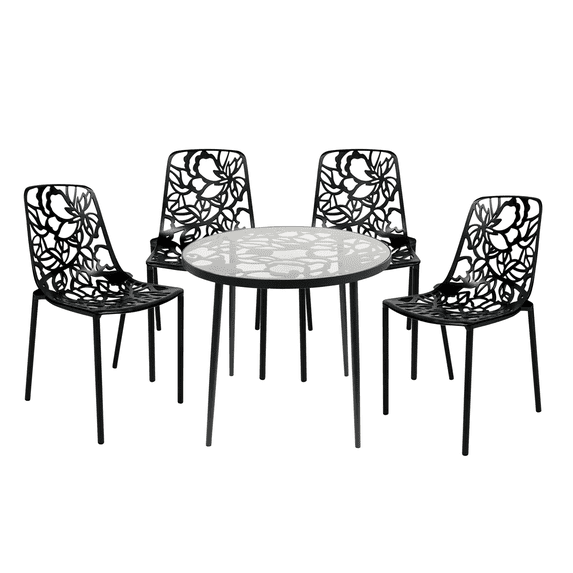 LeisureMod Devon Mid-Century Modern 5-Piece Aluminum Outdoor Patio Dining Set with Tempered Glass Top Table and 4 Stackable Flower Design Chairs for Patio, Poolside, Balcony, and Backyard Garden Black