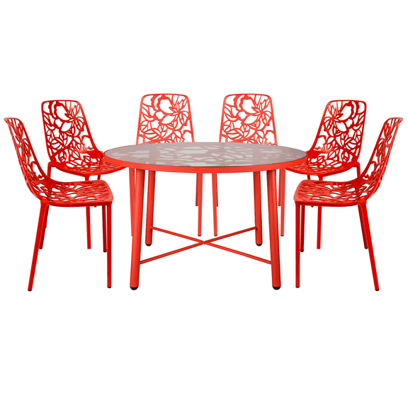 LeisureMod Devon Mid-Century Modern 7-Piece Aluminum Outdoor Patio Dining Set with Tempered Glass Top Table and 6 Stackable Flower Design Chairs for Patio, Balcony, and Backyard Garden (Red)