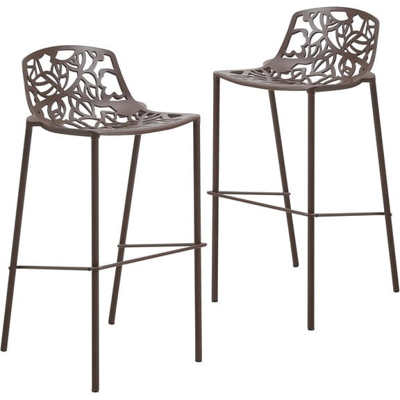 LeisureMod Devon Modern Aluminum Bar Stool with Decorative Backrest, Powder-Coated Frame, Indoor Outdoor Kitchen Island Seating, Set of 2, Brown