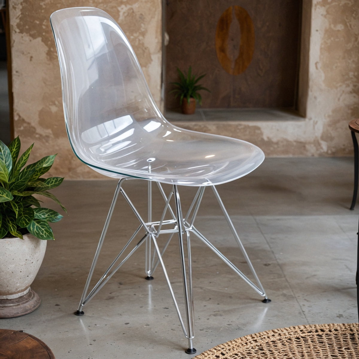 Cresco Dining Chair in Acrylic with Chrome Eiffel Base and Curved Back Design Lightweight Easy Assembly for Modern Home, Kitchen, Cafes in Clear