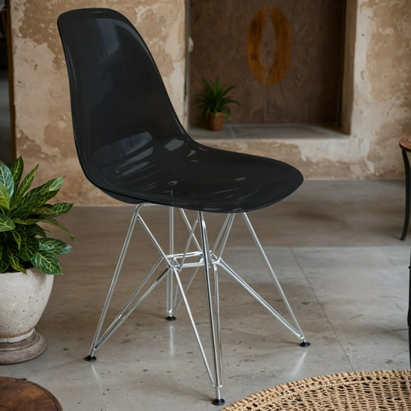 Cresco Dining Chair in Acrylic with Chrome Eiffel Base and Curved Back Design Lightweight Easy Assembly for Modern Home, Kitchen, Cafes in Transparent Black