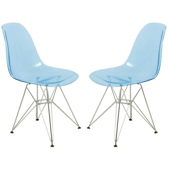 LeisureMod Dining Chair in Acrylic with Chrome Eiffel Base and Curved Back Design Lightweight Easy Assembly for Modern Home, Kitchen, Cafes Cresco Collection Set of 2 Transparent Blue