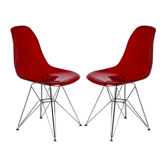LeisureMod Dining Chair in Acrylic with Chrome Eiffel Base and Curved Back Design Lightweight Easy Assembly for Modern Home, Kitchen, Cafes Cresco Collection Set of 2 Transparent Red
