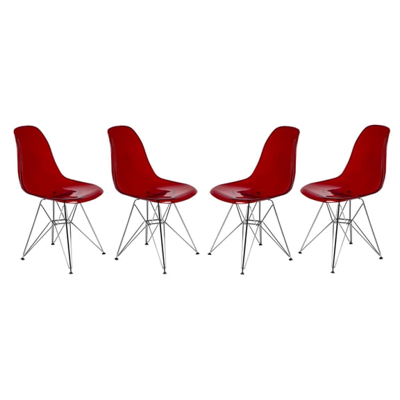 LeisureMod Dining Chair in Acrylic with Chrome Eiffel Base and Curved Back Design Lightweight Easy Assembly for Modern Home, Kitchen, Cafes Cresco Collection Set of 4 Transparent Red
