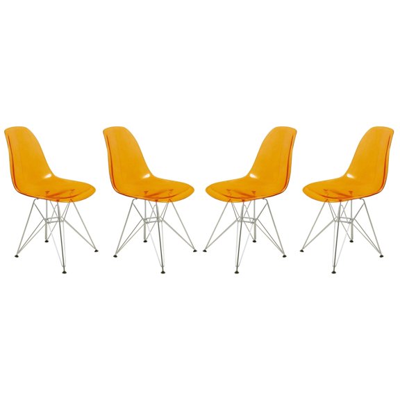 LeisureMod Dining Chair in Acrylic with Chrome Eiffel Base and Curved Back Design Lightweight Easy Assembly for Modern Home, Kitchen, Cafes Cresco Collection Set of 4 Transparent Orange