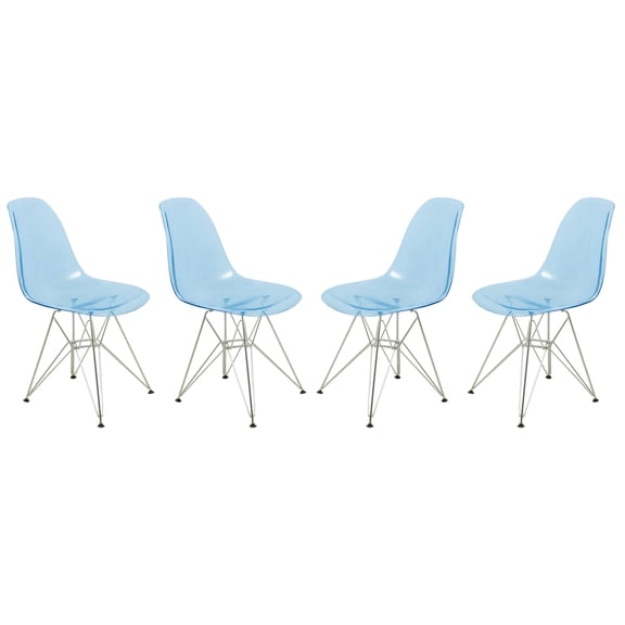 LeisureMod Dining Chair in Acrylic with Chrome Eiffel Base and Curved Back Design Lightweight Easy Assembly for Modern Home, Kitchen, Cafes Cresco Collection Set of 4 Transparent Blue