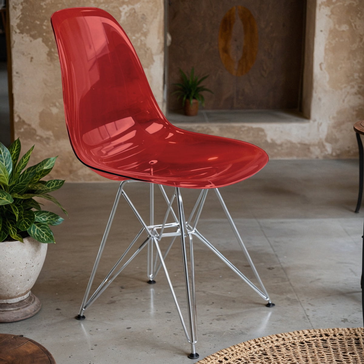 Cresco Dining Chair in Acrylic with Chrome Eiffel Base and Curved Back Design Lightweight Easy Assembly for Modern Home, Kitchen, Cafes in Transparent Red