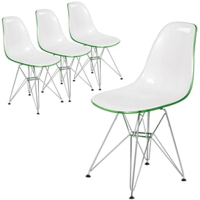 LeisureMod Dining Chair in Acrylic with Chrome Eiffel Base and Curved Back Design Lightweight Easy Assembly for Modern Home, Kitchen, Cafes Cresco Collection White Green, Set of 4