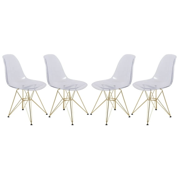 LeisureMod Dining Chair in Acrylic with Gold Chrome Eiffel Base and Curved Back Design Lightweight Easy Assembly for Modern Home, Kitchen, Cafes Cresco Collection in Clear Set of 4
