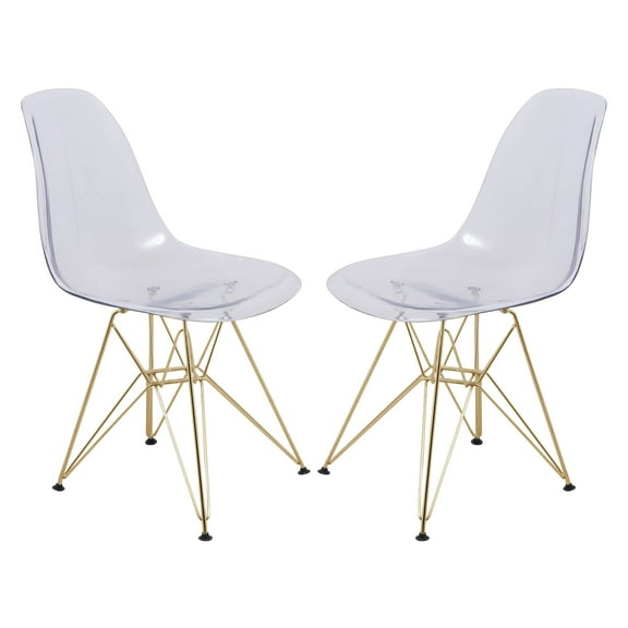 LeisureMod Dining Chair in Acrylic with Gold Chrome Eiffel Base and Curved Back Design Lightweight Easy Assembly for Modern Home, Kitchen, Cafes Cresco Collection in Clear Set of 2