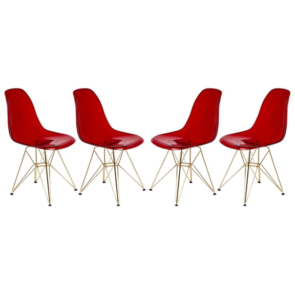 LeisureMod Dining Chair in Acrylic with Gold Chrome Eiffel Base and Curved Back Design Lightweight Easy Assembly for Modern Home, Kitchen, Cafes Cresco Collection in Transparent Red Set of 4