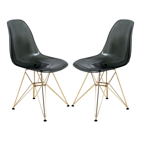 LeisureMod Dining Chair in Acrylic with Gold Chrome Eiffel Base and Curved Back Design Lightweight Easy Assembly for Modern Home, Kitchen, Cafes Cresco Collection in Transparent Black Set of 2