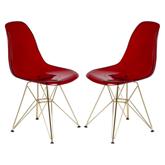 LeisureMod Dining Chair in Acrylic with Gold Chrome Eiffel Base and Curved Back Design Lightweight Easy Assembly for Modern Home, Kitchen, Cafes Cresco Collection in Transparent Red Set of 2
