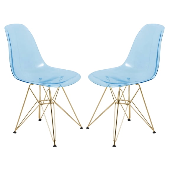 LeisureMod Dining Chair in Acrylic with Gold Chrome Eiffel Base and Curved Back Design Lightweight Easy Assembly for Modern Home, Kitchen, Cafes Cresco Collection in Transparent Blue Set of 2