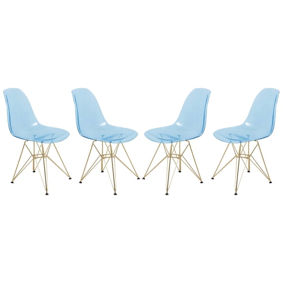 LeisureMod Dining Chair in Acrylic with Gold Chrome Eiffel Base and Curved Back Design Lightweight Easy Assembly for Modern Home, Kitchen, Cafes Cresco Collection in Transparent Blue Set of 4