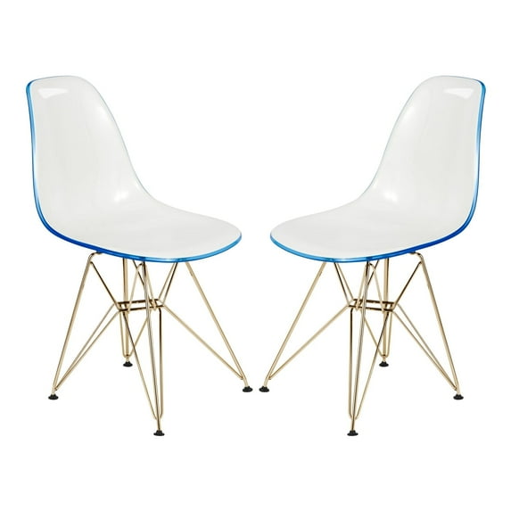LeisureMod Dining Chair in Acrylic with Gold Chrome Eiffel Base and Curved Back Design Lightweight Easy Assembly for Modern Home, Kitchen, Cafes Cresco Collection in White Blue Set of 2
