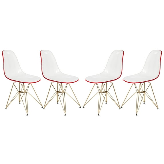 LeisureMod Dining Chair in Acrylic with Gold Chrome Eiffel Base and Curved Back Design Lightweight Easy Assembly for Modern Home, Kitchen, Cafes Cresco Collection in White Red Set of 4