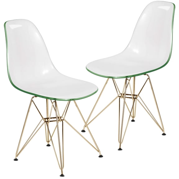 LeisureMod Dining Chair in Acrylic with Gold Chrome Eiffel Base and Curved Back Design Lightweight Easy Assembly for Modern Home, Kitchen, Cafes Cresco Collection in White Green, Set of 2