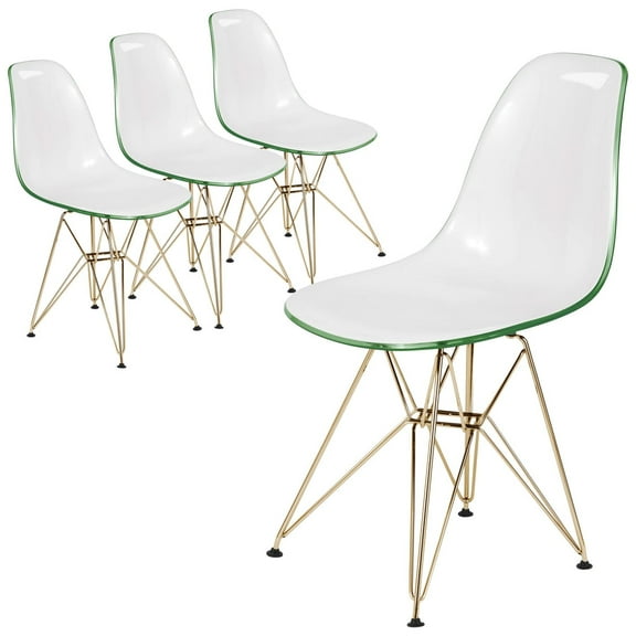 LeisureMod Dining Chair in Acrylic with Gold Chrome Eiffel Base and Curved Back Design Lightweight Easy Assembly for Modern Home, Kitchen, Cafes Cresco Collection in White Green, Set of 4