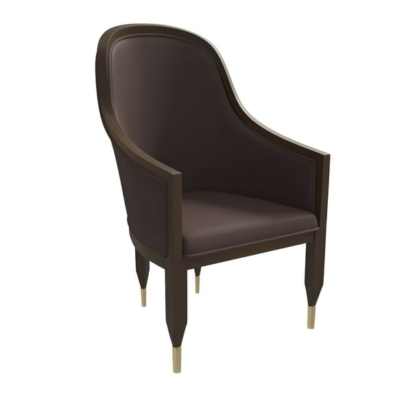 LeisureMod Dining Chair Kitchen Room Accent Modern Assembled Armchairs Upholstered in Leather with Rubberwood Frame and Legs with Gold Caps Belle Collection in Dark Brown