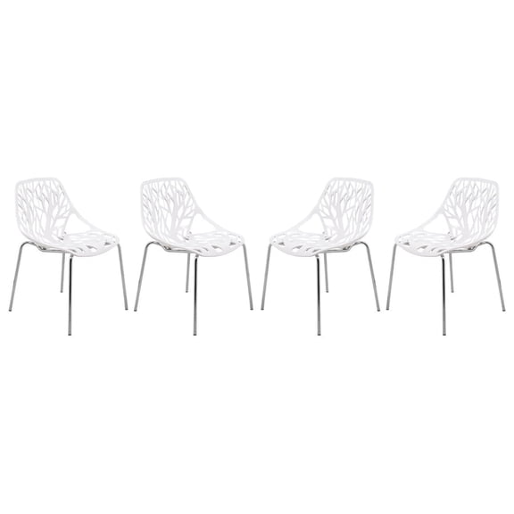 LeisureMod Dining Chair with Molded Polypropylene Seat and Chrome Legs Tree-Inspired Cutout Back Design Stackable for Modern Home, Kitchen, Cafes Asbury Collection in White